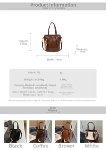 Size chart for the PU leather bucket bag detailing dimensions 16x17x10cm and weight