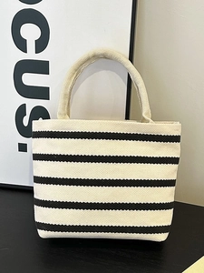Sac Fourre-tout Minimaliste en Toile Rayée pour Femmes Couleur Contrastée Tissu Composite Sac à Main Mode Carré Sac à Épaule