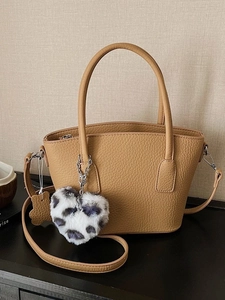 Vintage Litchi Grain PU Leather Shoulder Bag For Women Heart Leopard Plush Pendant Fashion Crossbody Bag Daily Handbag