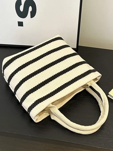 Sac fourre-tout en toile à rayures noires et blanches avec poignées renforcées chic