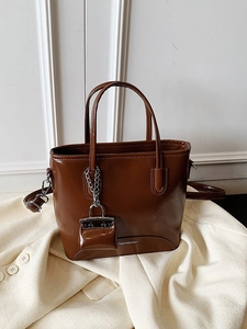 Women Retro Glossy PU Leather Tote Bag Fashion Shoulder Crossbody Handbag With Mini Pendant Pouch Solid Color Bucket Bag