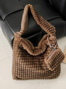 Brown plush tote bag with quilted pattern and small matching zipper coin pouch