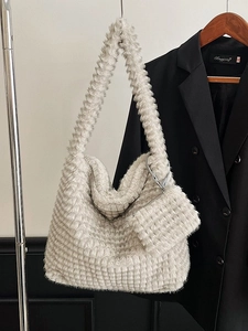 Plush tote bag set with quilted embossed texture and matching coin purse in cream white