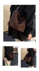 Detailed views of a large leopard print tote bag with adjustable leather strap