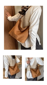 Detailed views of a brown matte suede hobo bag featuring a retro minimalist design