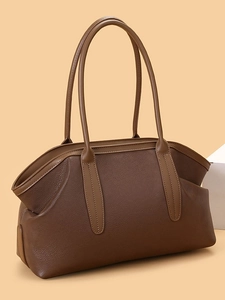 Minimalist large capacity dark brown leather tote bag for women with a retro commute style