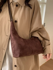 Large dark coffee suede hobo shoulder bag with a minimalist vintage half-moon design