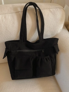 Minimalist black corduroy multi-pocket tote bag for women, casual winter shoulder handbag