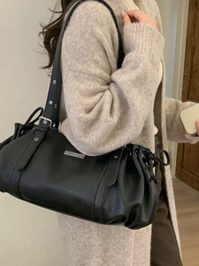 2025 minimalist black textured shoulder bag with drawstring details for women