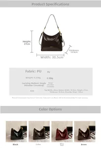 Detailed size chart and multi-color view of large capacity PU leather crossbody tote bag