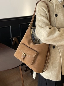 Minimalist brown suede hobo shoulder bag for women with decorative buckle pocket