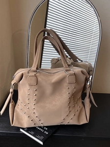 Retro khaki tote bag with silver studs and premium leather texture for women