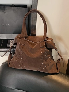 Retro brown suede tote bag with silver studs and geometric pattern for women