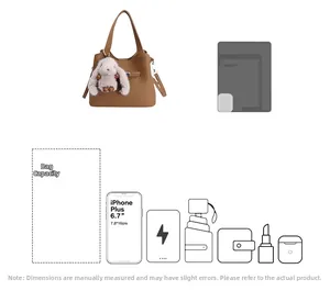 Brown leather bucket bag interior capacity view with smartphone size comparison