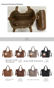 Detail view of leather bucket bag interior and multi-color texture options in four shades