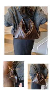Detail view of dark brown leather tote bag with contrast stitching and versatile straps