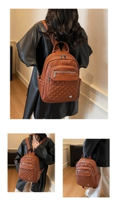 Dettaglio dello zaino in pelle PU marrone con tasca anteriore trapuntata e spallacci regolabili