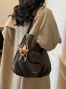 Vintage large capacity dark brown soft leather shoulder tote bag with bear charm and tassel