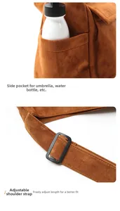 Detail of canvas bag side pocket with water bottle and adjustable wide shoulder strap