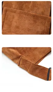 Detail of brown suede fabric with precise stitching and reinforced rectangular seams