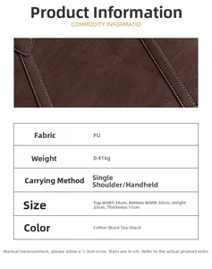 Tableau des tailles et spécifications détaillées du sac à main en cuir PU minimaliste