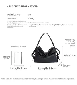 Detailed size specifications for a large vintage PU leather tote with 35cm length
