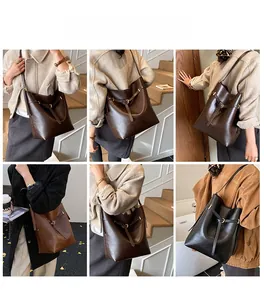 Collage of chic large capacity bucket bags showing versatile styling and soft leather texture