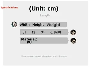 Detailed size specifications for PU backpack: 31x12x34cm dimensions and 0.87kg weight details