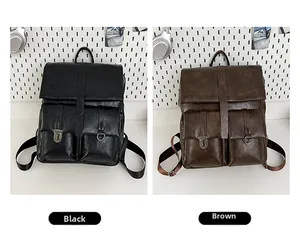 Detail view comparing vintage matte PU leather backpacks in black and brown colors