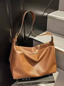 Vintage Large Capacity Women's Tote Bag PU Leather Solid Color Commute Shoulder Crossbody Bag Trendy Daily Handbag