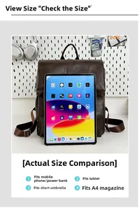 Brown retro backpack showing capacity comparison with iPad and daily essentials