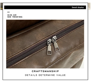 Detail of the dual metal zippers and vintage brown leather texture on a fashion backpack