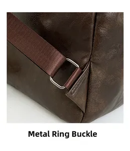 Detail of silver metal hardware rings and durable woven straps on dark brown leather backpack