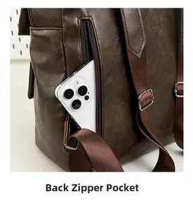 Detailed view of anti-theft back zipper pocket on brown faux leather backpack