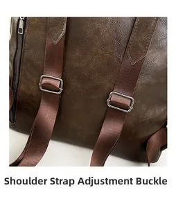 Detail showing adjustable metal buckle and woven strap on brown leather backpack