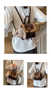 Detail of a brown small faux leather backpack with plush trim and cute bunny pendant