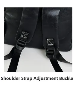 Detail of adjustable strap buckle and reinforced stitching on black faux leather backpack