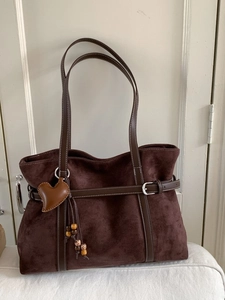 Brown suede tote bag with leather straps heart charm and beaded tassel in vintage style