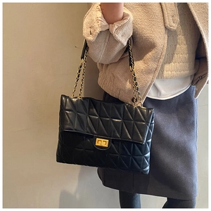 Detail of classic black quilted chain shoulder bag with gold rectangular metal clasp