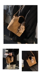 Brown faux leather tote bag with plush bear charm shown in multiple outdoor lifestyle views