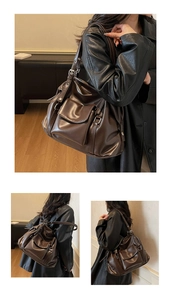 Macro detail of brown leather tote bag showing vintage texture and flap pocket buckle