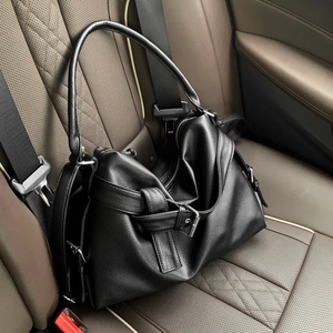 Vintage Large Capacity PU Leather Tote Bag For Women Lychee Pattern Moto Style Shoulder Crossbody Bag With Metal Buckle