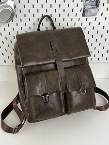 Fashionable dark brown leather backpack for women with vintage flap and front double pockets