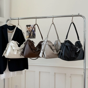 Large soft PU tote bag with metal buckle detail in white, brown, silver and black