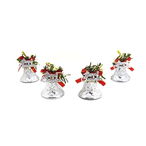 Set of 4 silver Christmas bells with red bows and Merry Christmas tags for tree decor