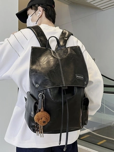 Large capacity vintage black PU leather backpack with contrast stitching and teddy charm