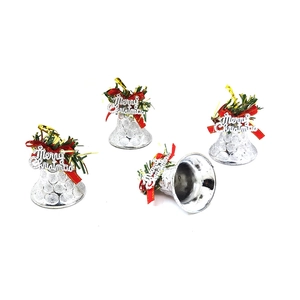 Detail of four silver Christmas bells with red bows and Merry Christmas engravings