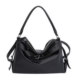 Retro black litchi texture large PU leather tote bag with silver buckle and crossbody strap