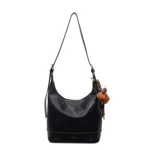 Minimalist black leather hobo bag with gold logo and plush bear charm decoration