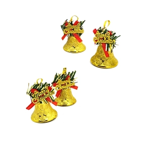 Set of four gold Christmas bells with red bows and Merry Christmas lettering